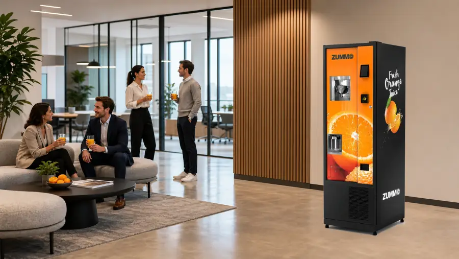 Machine Zummo Saveurs Orange installée dans un espace de pause professionnel avec jus d'orange frais